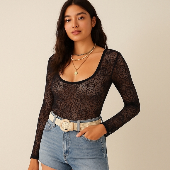 Free People Intimately Sheer Black Lace Bodysuit – Size M – NWT - Picture 1 of 4